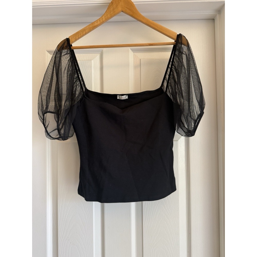Intimately Free People Top Womens Small Black Mesh Puff Sleeve Sweetheart Neck